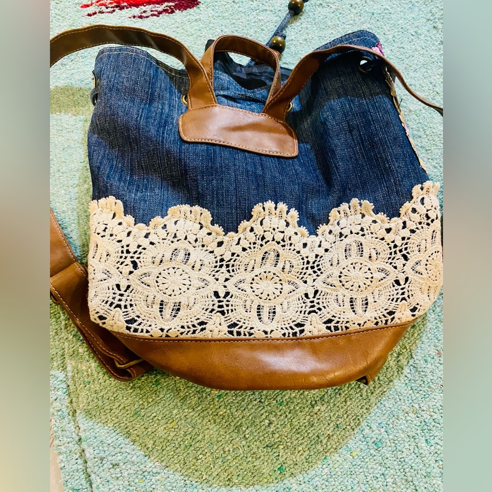 Claire's Denim Backpack with Lace and Floral Embroidery - Picture 6 of 12